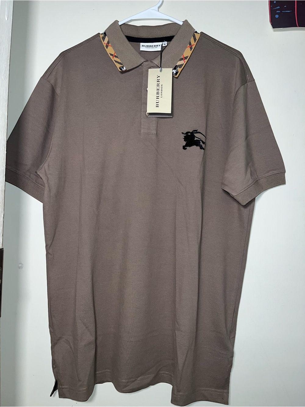 Burberry Men’s Taupe Polo with Signature Check Collar